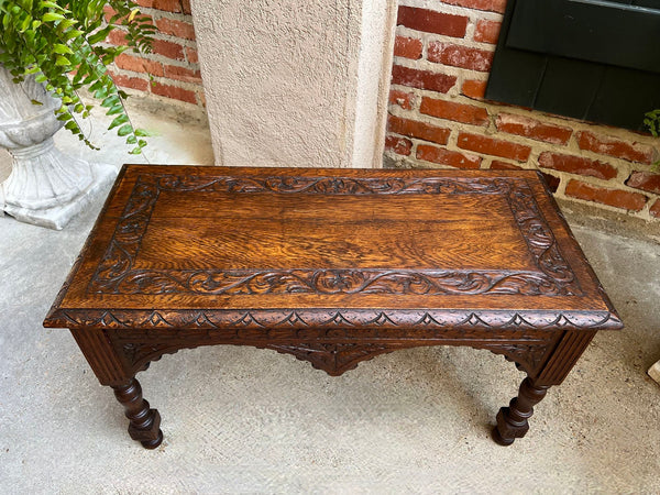 Antique French Bench Stool Gothic Renaissance Coffee Table Carved Oak c1890