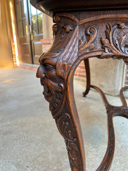 Antique French Center Library Table Louis XV Carved Oak Rococo Parquetry c1890