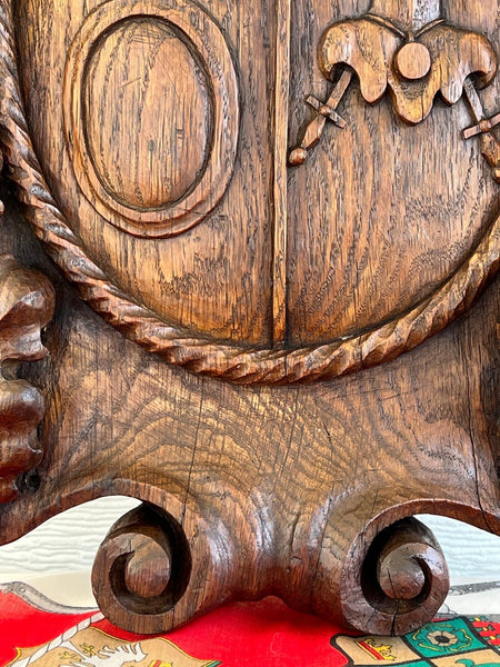 Antique French Gothic Wall Plaque Coat of Arms Carved Oak Renaissance c1890