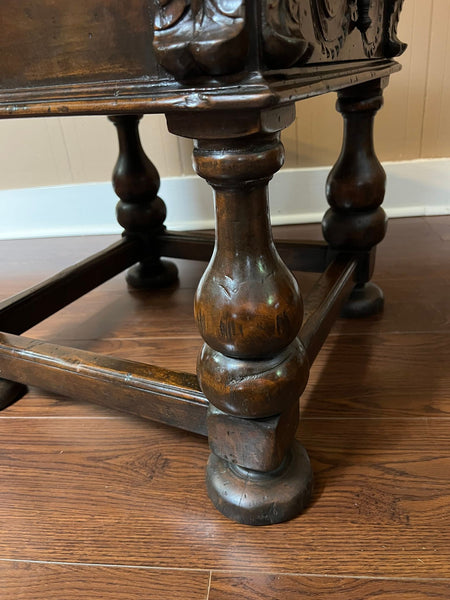 Antique English Side End Table Small Square Carved Oak Jacobean Revival c1910