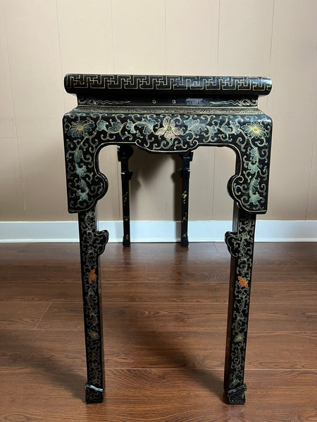 Vintage Chinese Console Table Black Lacquer Chinoiserie Gilt Hand Painted c1950