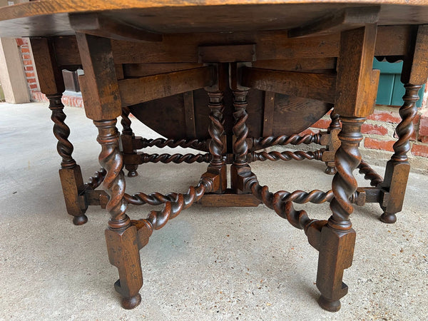 Antique English Wake Dining Table Drop Leaf BARLEY TWIST Jacobean Oak Console