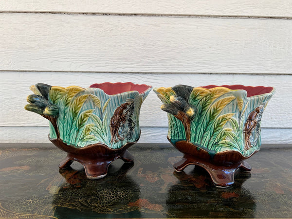 PAIR Antique French Majolica Jardinières Insect Musician Cache Pot Planter c1880