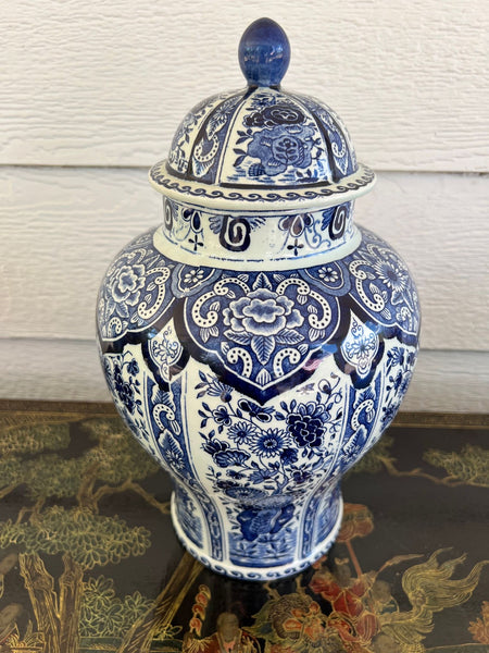 Vintage Large Delft Ginger Jar Vase Blue & White Floral Royal Sphinx Lidded Urn
