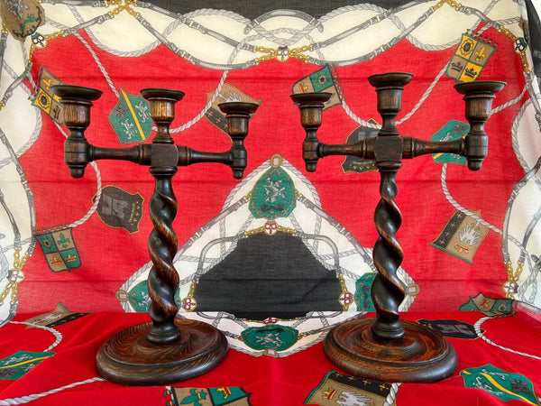 PAIR Antique English Oak Barley Twist Candlesticks Candelabras Candle Holders