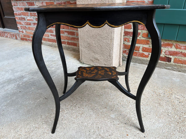 Vintage French Side Table Chinoiserie Butterfly Black Lacquer Hollywood Regency