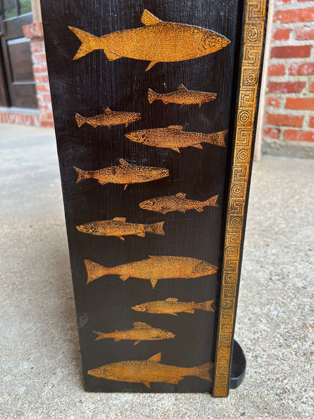 English Boat Form Etagere Black Lacquer Fish Decoupage Collection Bookshelf