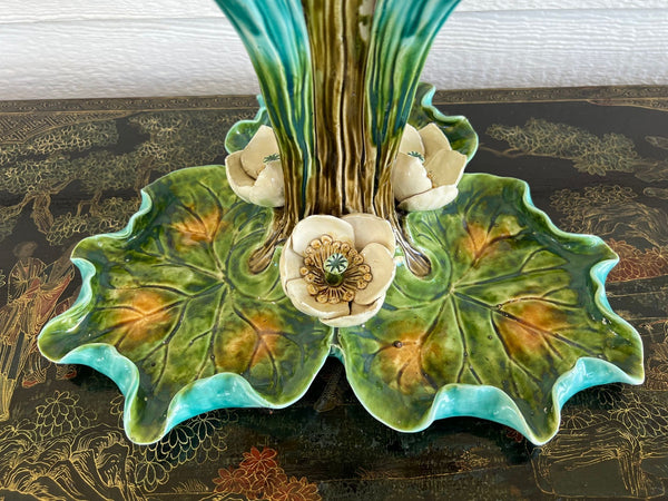 Antique French Majolica Vase Centerpiece Onnaing Art Nouveau Iris Tulip c1900