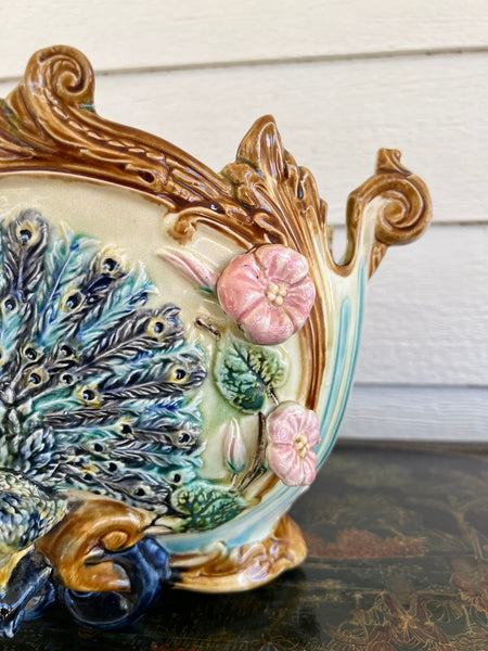 Antique French Majolica Jardinière Planter Peacock Onnaing Large Cache Pot c1880