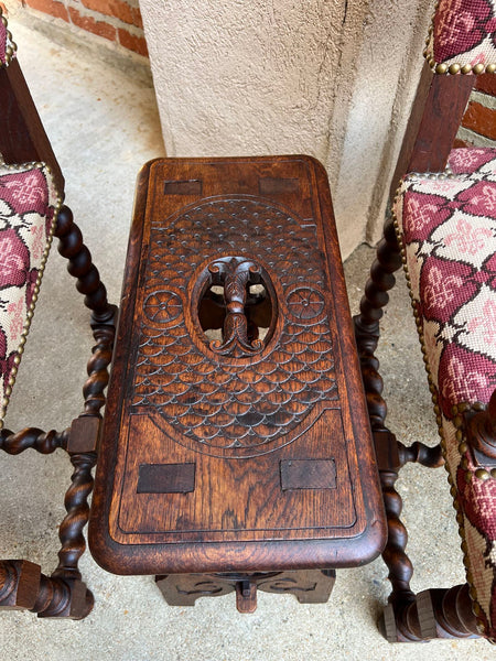 Antique French Bench Stool Gothic Renaissance Carved Oak Trestle Fleur de lis