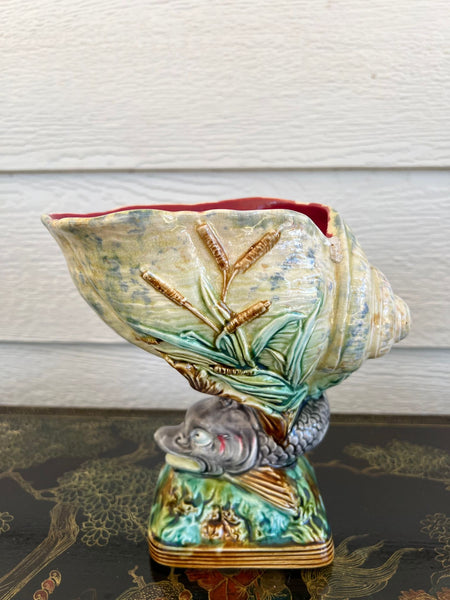 Antique Majolica Vase Bowl Dolphin Nautilus Shell English Royal Worcester c1870