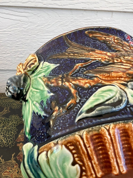 Antique Majolica Bird Planter Cache Pot Jardinière Cobalt Blue Wasmuël c1890