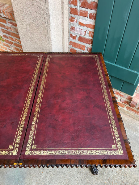 Antique Foyer Hall Table British Colonial Carved Wood Leather Flip Top Burmese