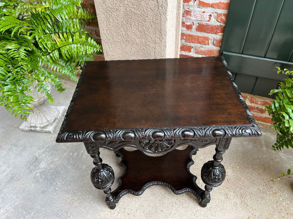 Antique English Side Sofa Table Ebonized Carved Oak Baroque Two Tier Tudor