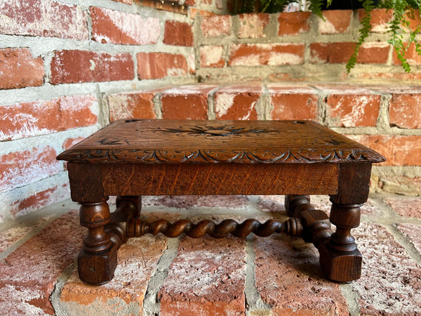 Antique English Kettle Stand Footstool Barley Twist Carved Oak Display Stool