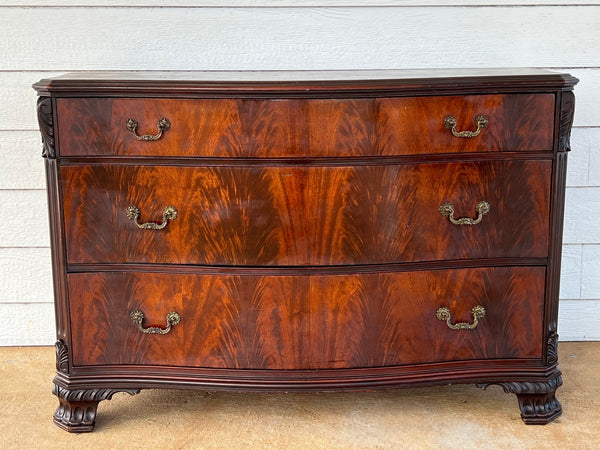 Antique Georgian Revival Chest of Drawers Flame Mahogany Serpentine Carved c1940