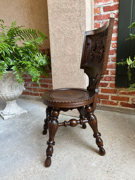 Antique English Pub Chair Fireplace Hearth Carved Tiger Oak Breton Brittany