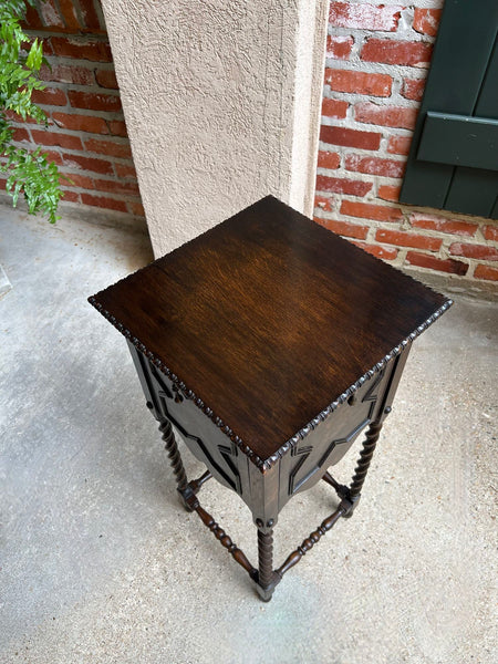 Antique English Square Table Plant Stand Jacobean BARLEY TWIST Cabinet Dark Oak