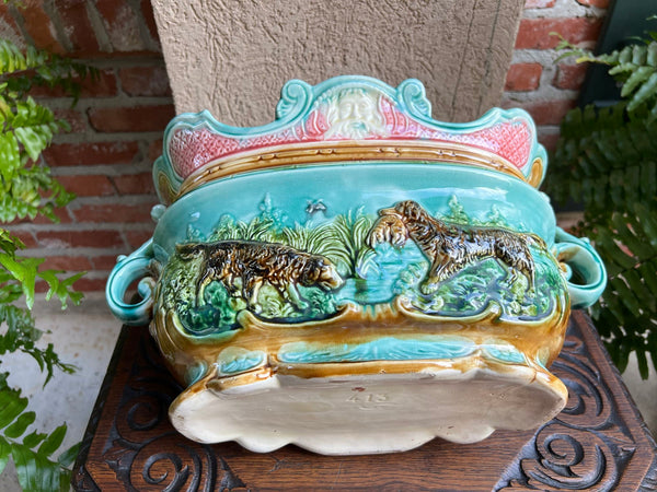 Antique French Majolica Barbotine Jardinière Hunt Dog Onnaing Cache Pot Planter