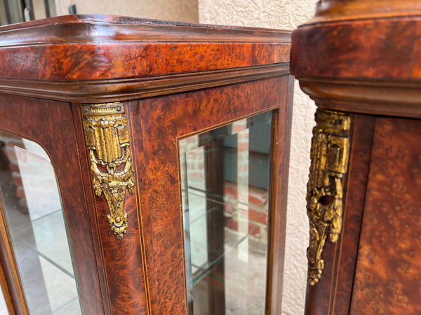 PAIR Antique French Glass Vitrine Display Cabinets Burl Mahogany Mirror c1900
