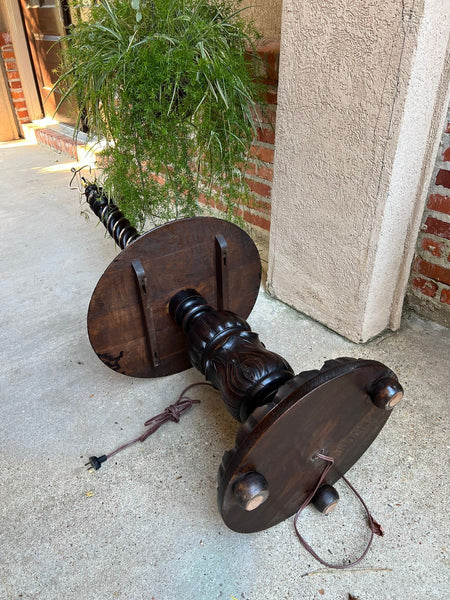 Antique English Carved Oak Floor Lamp OPEN Barley Twist w Round End Table c1920