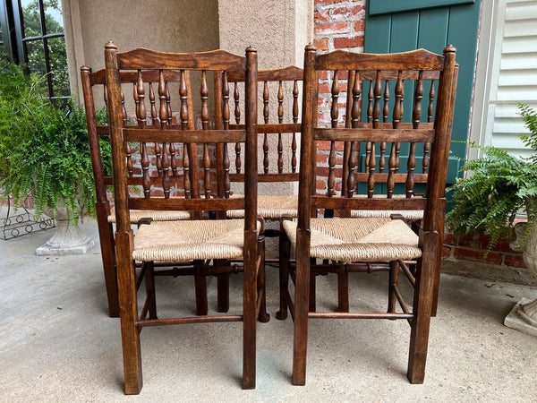 Set 5 Vintage English Oak Dining Side Chairs Rush Seat Lancashire Spindle Back