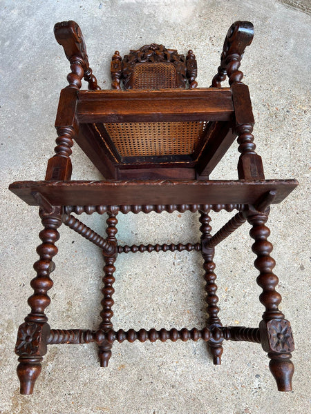 Antique French Child High Chair Renaissance Barley Twist Carved Oak Caned c1890