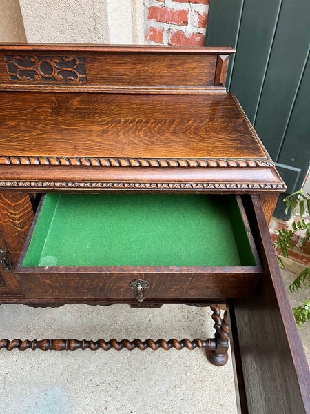 Antique English Sideboard Server Buffet BARLEY TWIST Carved Tiger Oak Jacobean