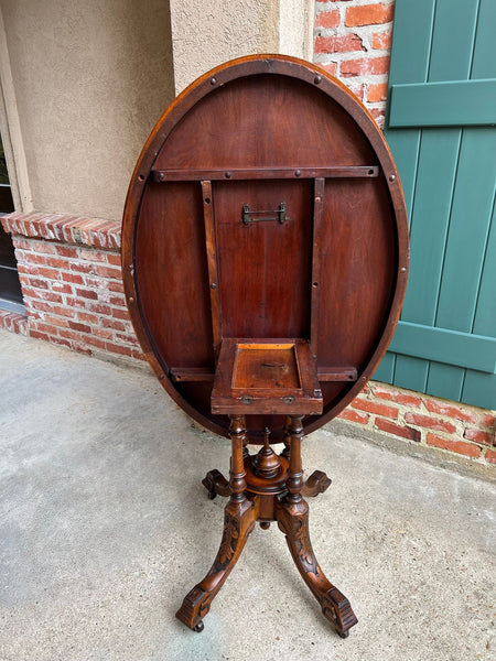 Antique English Center Breakfast Table Burl Walnut Tilt Top Inlaid Oval c1890
