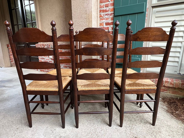 Vintage English Dining Chairs Set 6 Oak Ladder Back Rush Seat Woven