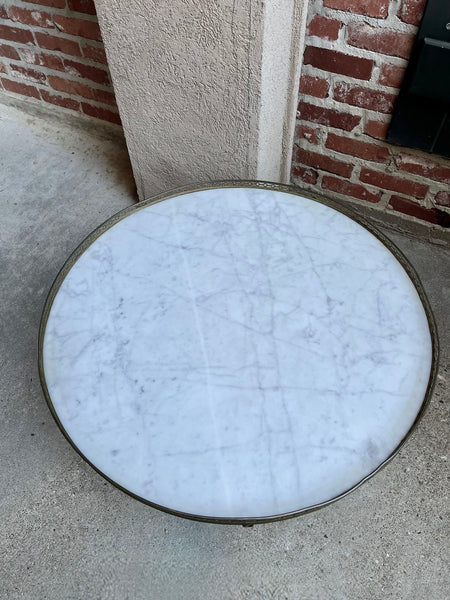 Antique French Round Bouillotte Side Table White Marble Louis XVI Style Gueridon