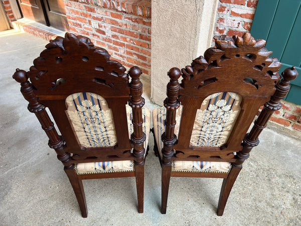 Pair Antique French Dining Chairs Renaissance Carved Oak Black Forest c1880