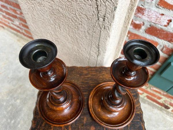 Antique English Oak OPEN Barley Twist Candlesticks Jacobean Pair c1890 11.0”