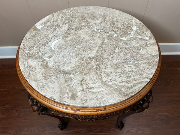 Antique French Renaissance Revival Center Table Round Marble Carved Walnut c1900