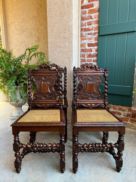 Set 4 Antique French Dining Chairs Barley Twist Cane Seat Carved Oak c1920