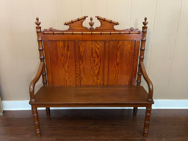 Antique English Faux Bamboo Pine Hall Bench Victorian High Back Settle c1890