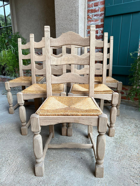 Set 6 Vintage French Ladder Back Dining Chairs Rush Seat Bleached Oak Farmhouse