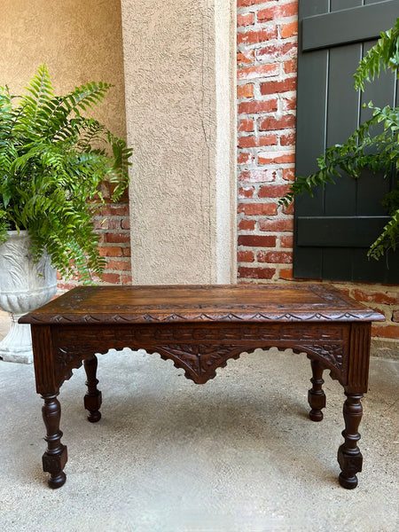 Antique French Bench Stool Gothic Renaissance Coffee Table Carved Oak c1890