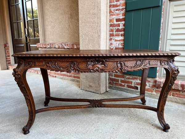 Antique French Center Library Table Louis XV Carved Oak Rococo Parquetry c1890