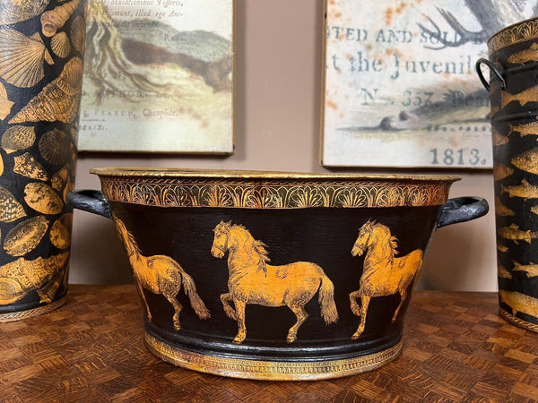 Antique English Planter Jardiniere Horse Equine Black Decoupage Tole Metal c1900