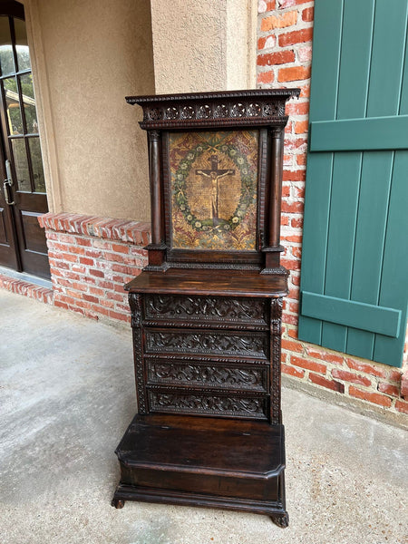 Antique French Gothic Devotional Cabinet Religious Painting Carved Oak Kneeler