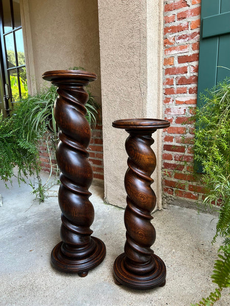 PAIR Set of 2 Antique French Pedestal Stand BARLEY TWIST Oak LARGE Plant Columns