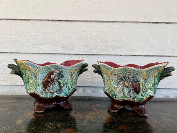 PAIR Antique French Majolica Jardinières Insect Musician Cache Pot Planter c1880