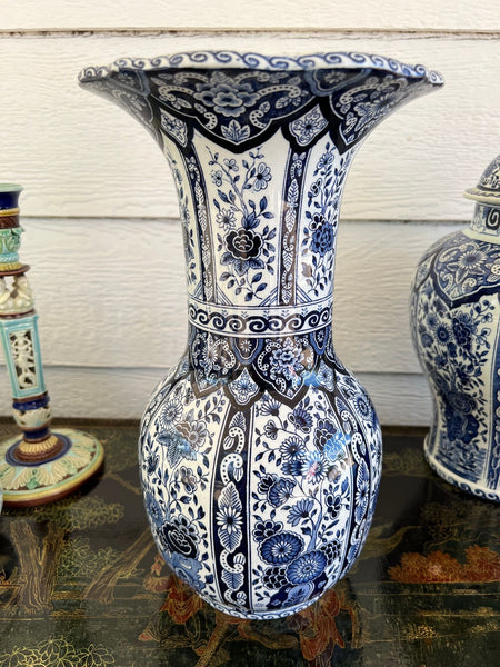 Vintage Large Delft Trumpet Vase Blue and White Floral Boch Royal Sphinx Urn