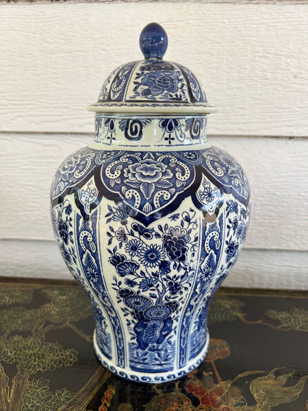 Vintage Large Delft Ginger Jar Vase Blue & White Floral Royal Sphinx Lidded Urn