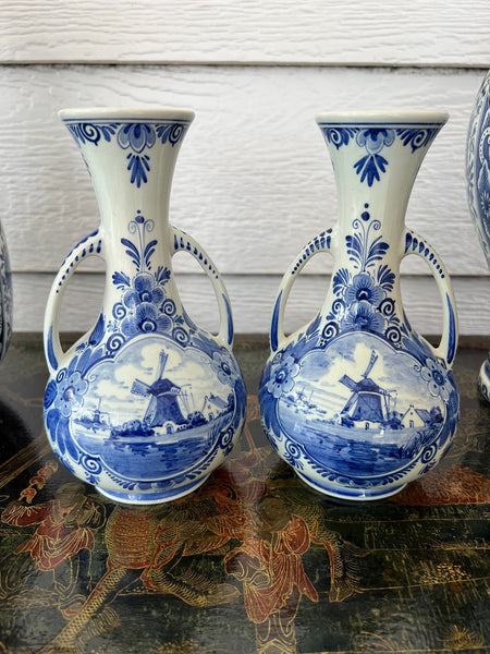 PAIR Petite Vintage Delft Vases Blue & White Windmilll Hand Painted Bud Vases