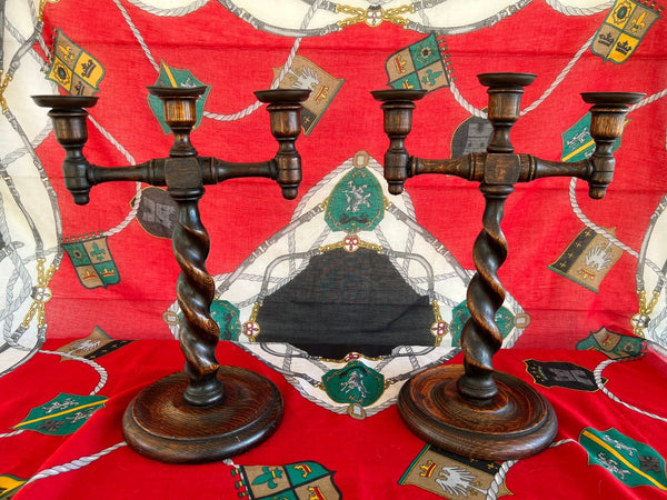 PAIR Antique English Oak Barley Twist Candlesticks Candelabras Candle Holders