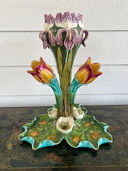 Antique French Majolica Vase Centerpiece Onnaing Art Nouveau Iris Tulip c1900