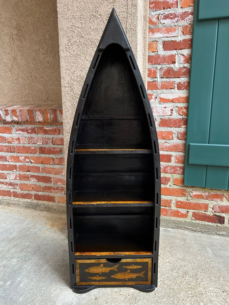 English Boat Form Etagere Black Lacquer Fish Decoupage Collection Bookshelf