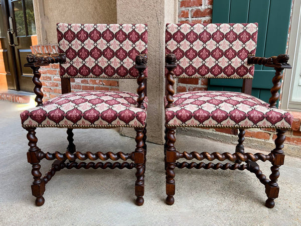 Pair SET Antique French Arm Chair Barley Twist Oak Renaissance Lion Fleur De Lis